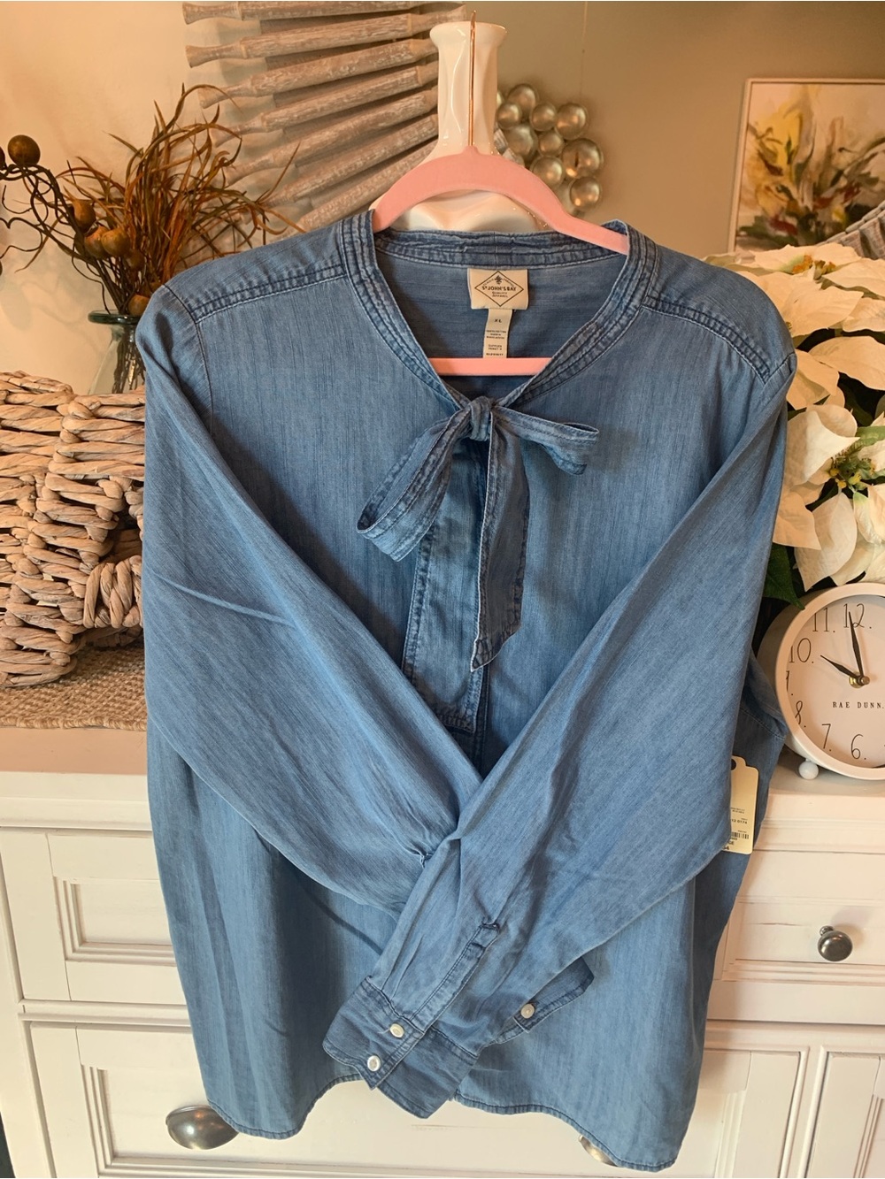 St. John Denim Tie-Neck Blouse in Light Blue XL